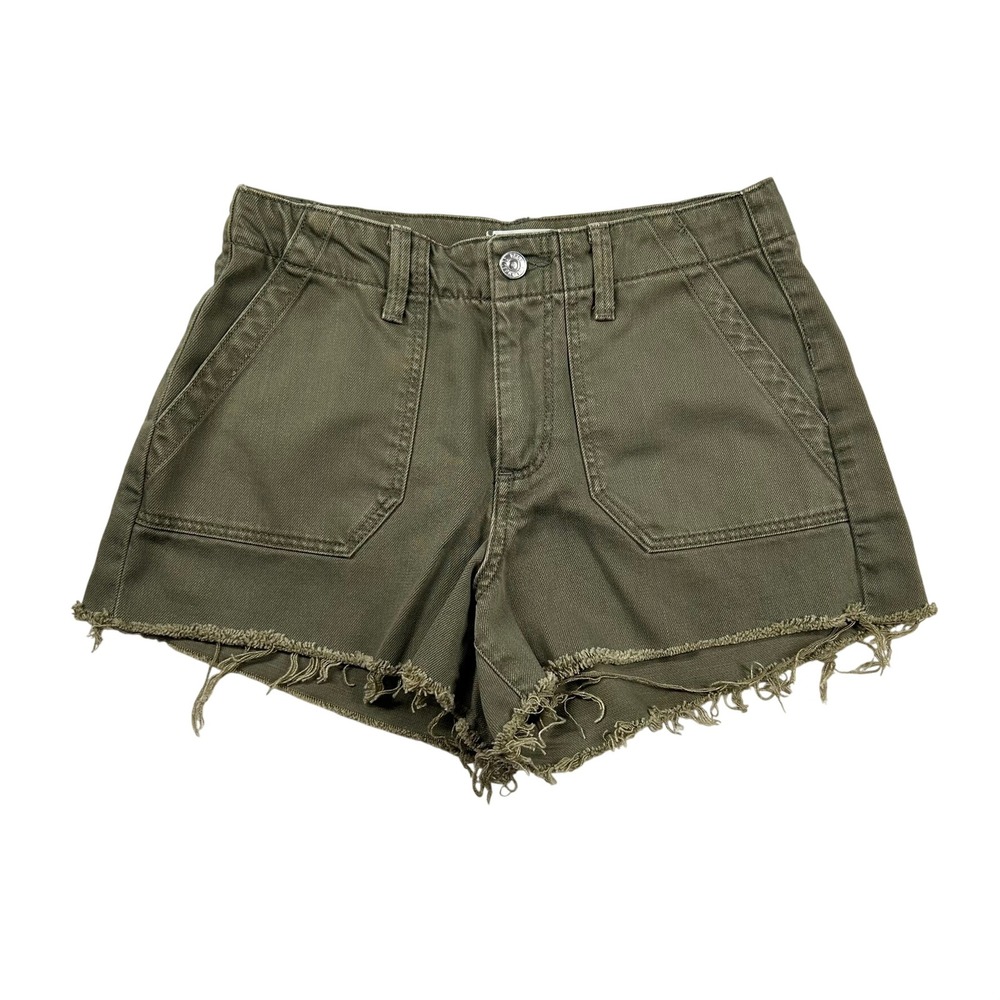 PAIGE Mayslie Utility Shorts Vintage Ivy Green Raw Hem Size 26 Olive Army Daisy